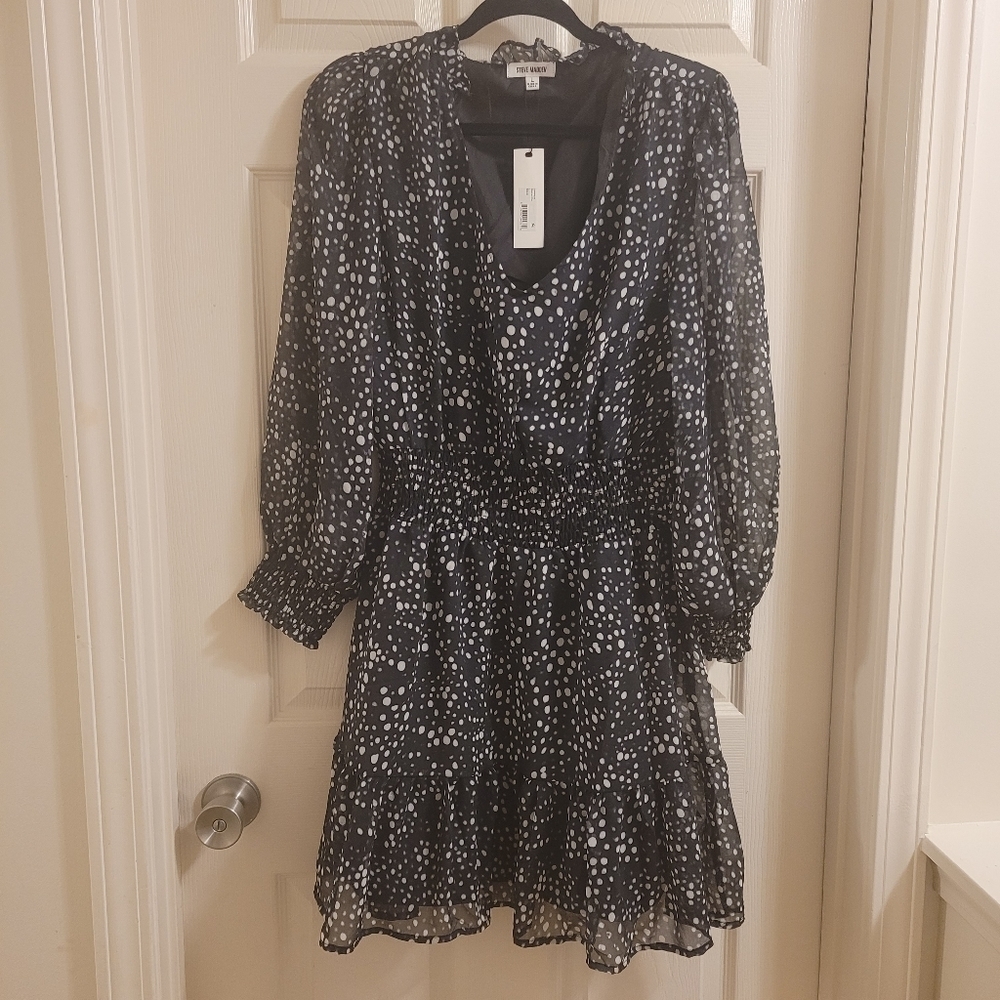 STEVE MADDEN V-Neck Long Sleeve Dot Smocked Waist Minidress Size L - Picture 10 of 12